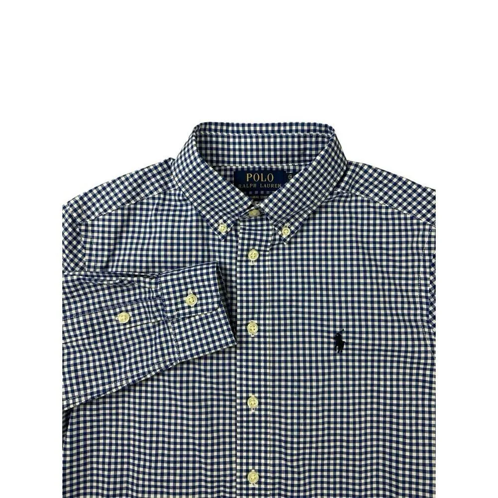 Polo Ralph Lauren Boy's M 10-12 Blue Gingham Check Button Down Shirt Long Sleeve